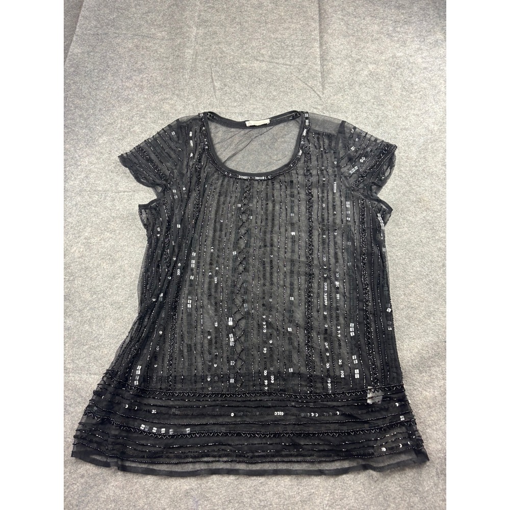 C&B Est. '62 Women 1X Black Sheer Sequin Beaded Blouse Whimsygoth Maximalist